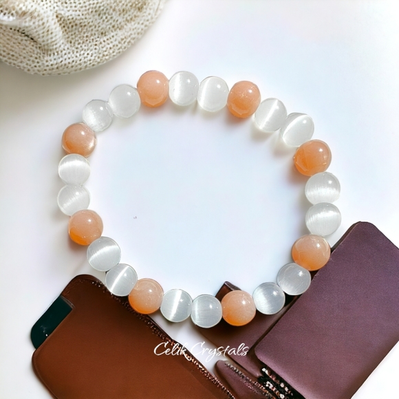 Sunstone & White Cat Eye Bracelet 8mm Natural Stones Unisex Healing Bracelet - Picture 4 of 5